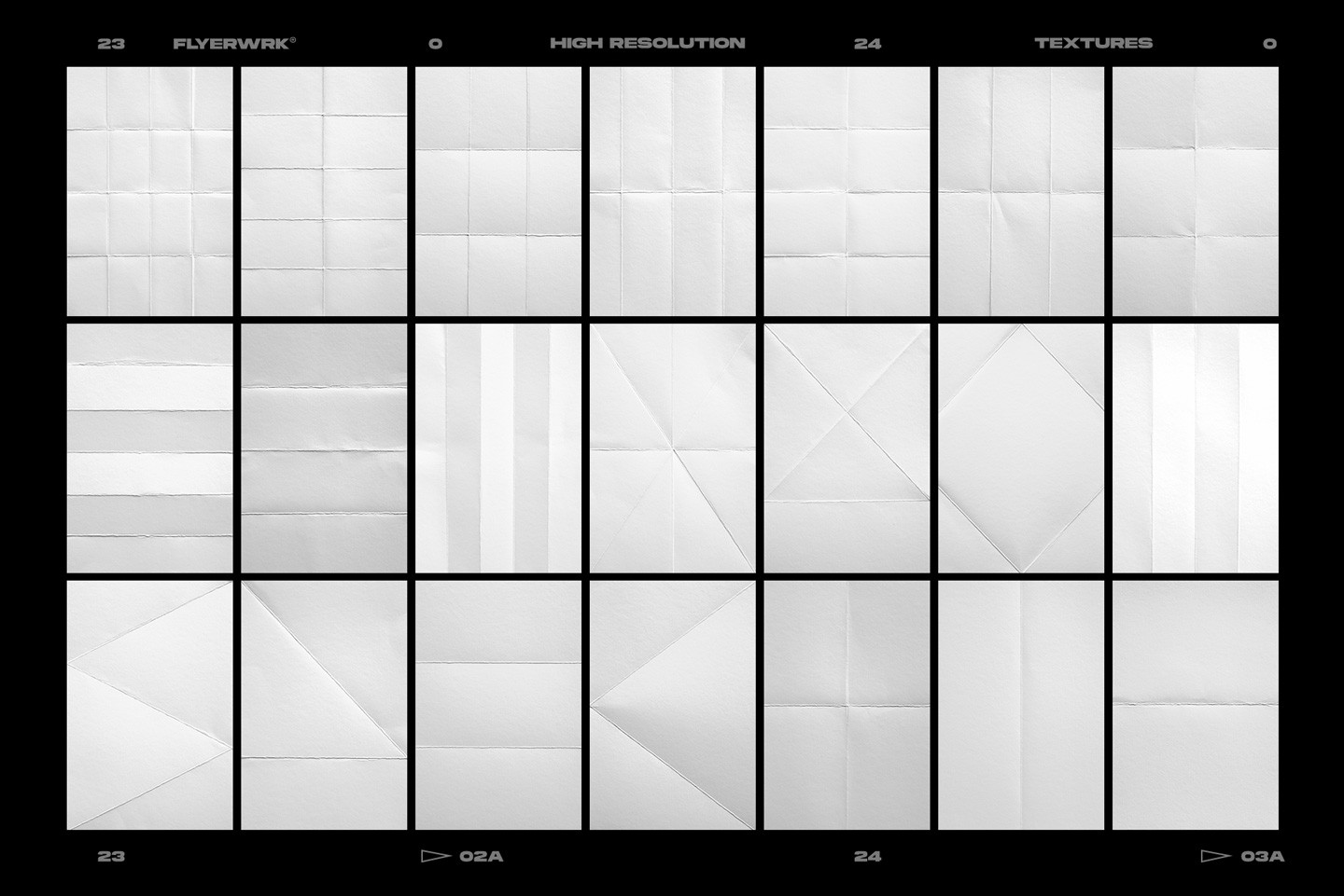 Collection of twenty four white folded paper backgrounds with diverse geometric crease patterns