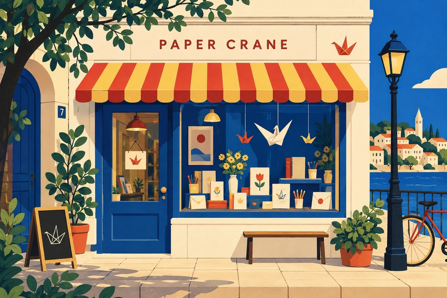 Imaginary tiny stationery shop with cream facade, red-and-yellow striped awning and simple PAPER CRANE lettering, blue display window