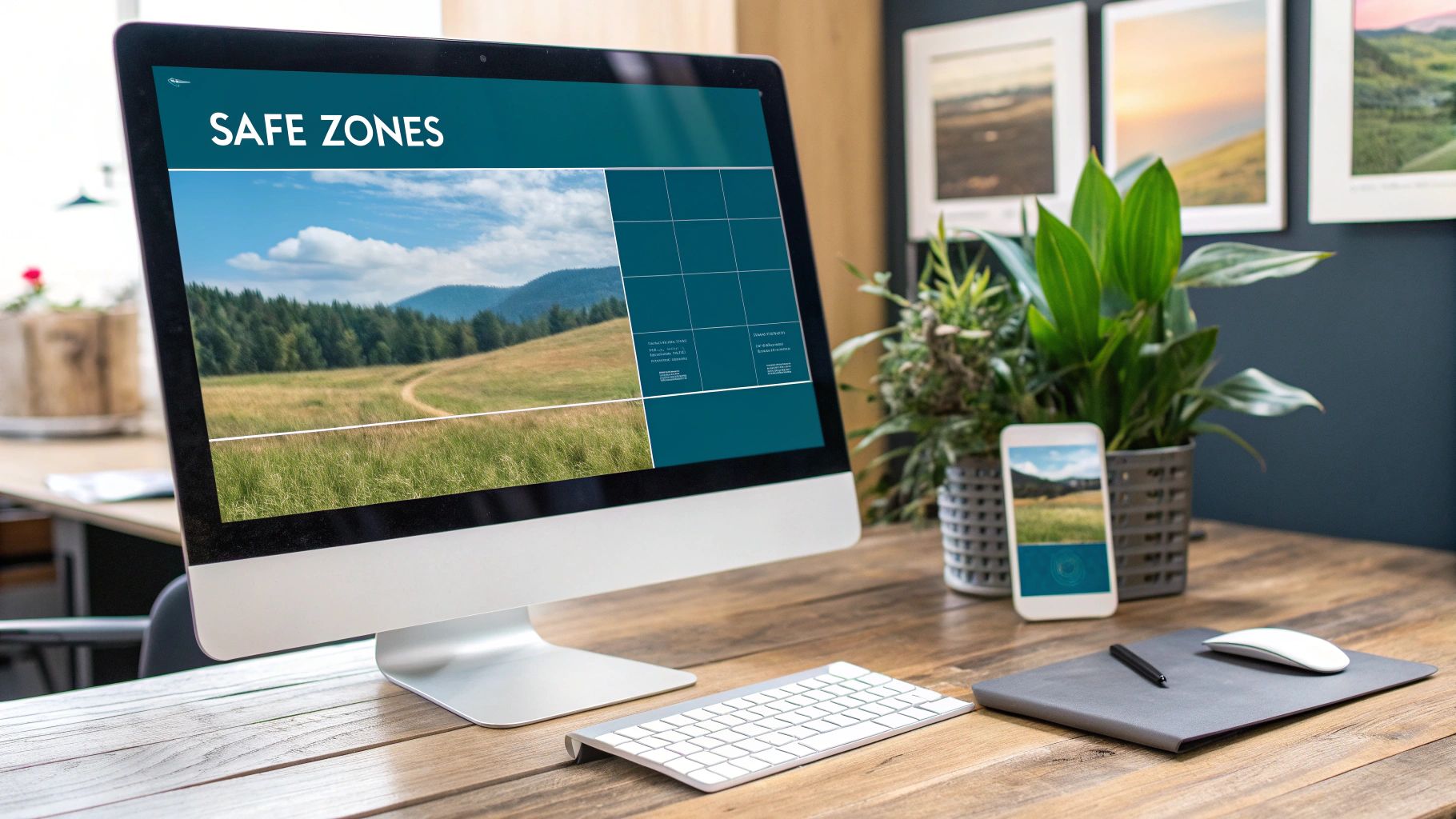 A modern computer displays 'SAFE ZONES' with a landscape, alongside a smartphone, keyboard, and mouse on a wooden desk.