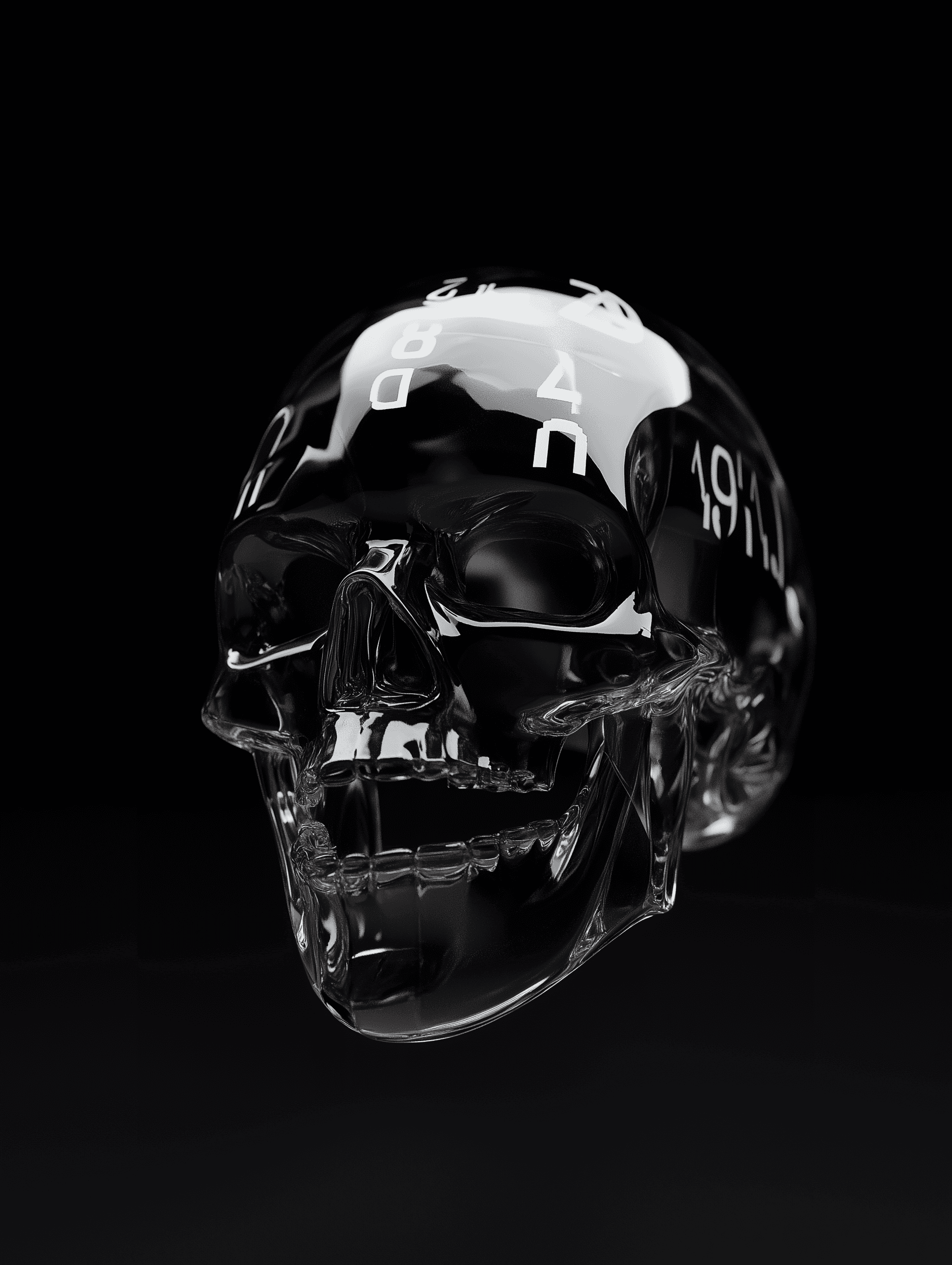 A transparent glass skull with numbers on its face, 3D rendering, a black background, against a dark black background, and a plastic sculpture art form. The image is a front view with a black background, and the overall composition gives an impression of simplicity and elegance. It has a futuristic feel, with elements that evoke digital artistry. There's a sense of depth and texture due to the reflection of surrounding objects on the surface of the glass.