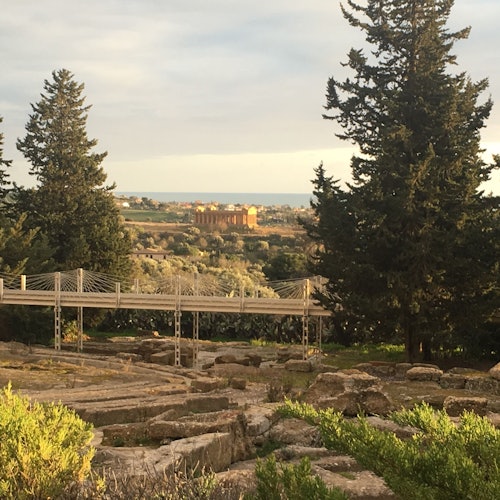前景有大型樹木和崎嶇地形，遠處可見一座古老的寺廟和海洋，天空烏雲密布。
