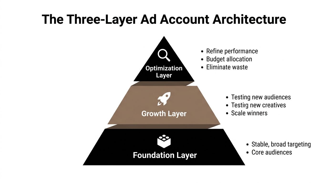 A pyramid diagram showing the three-layer ad account architecture for optimizing marketing and advertising performance.