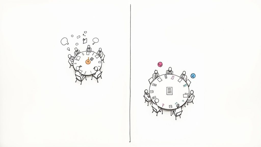 Illustration comparing two meetings, one chaotic with floating ideas, the other organized and productive.