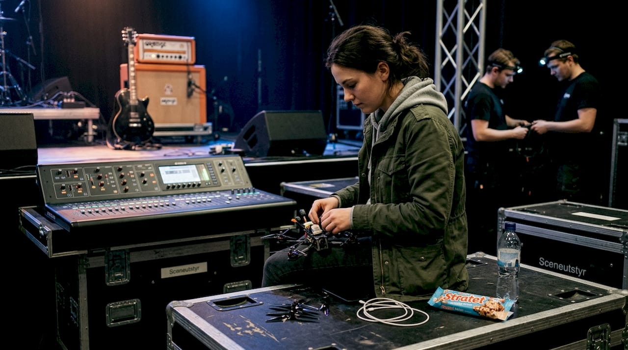 FPV-dronepilot gjør seg klar før opptreden på innendørskonsert