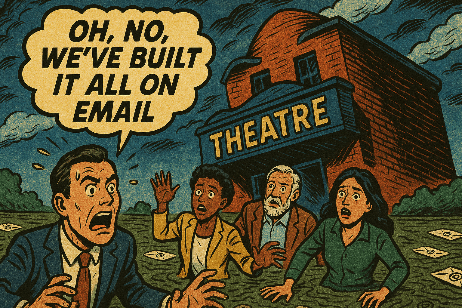 comic book style illustration on a swamp of emails