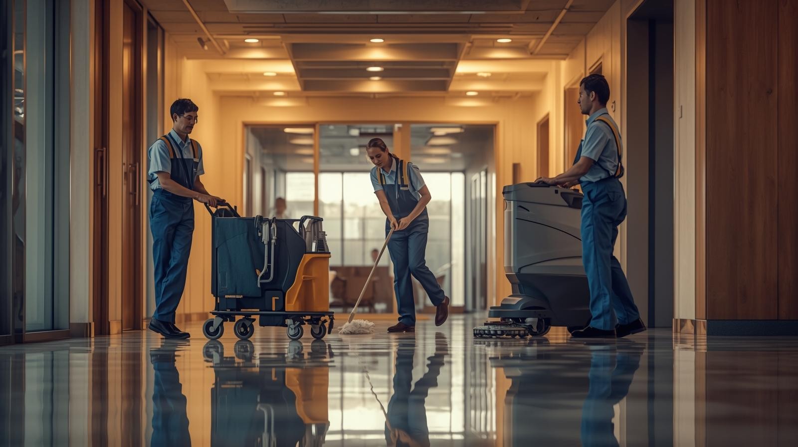 Janitorial staff operating a floor scrubber inside an office building during cleaning operations.