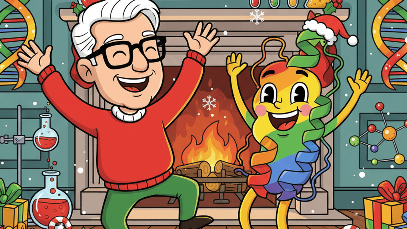 Cover for ProteinWrapped Showing a Scientist Dancing with a Protein