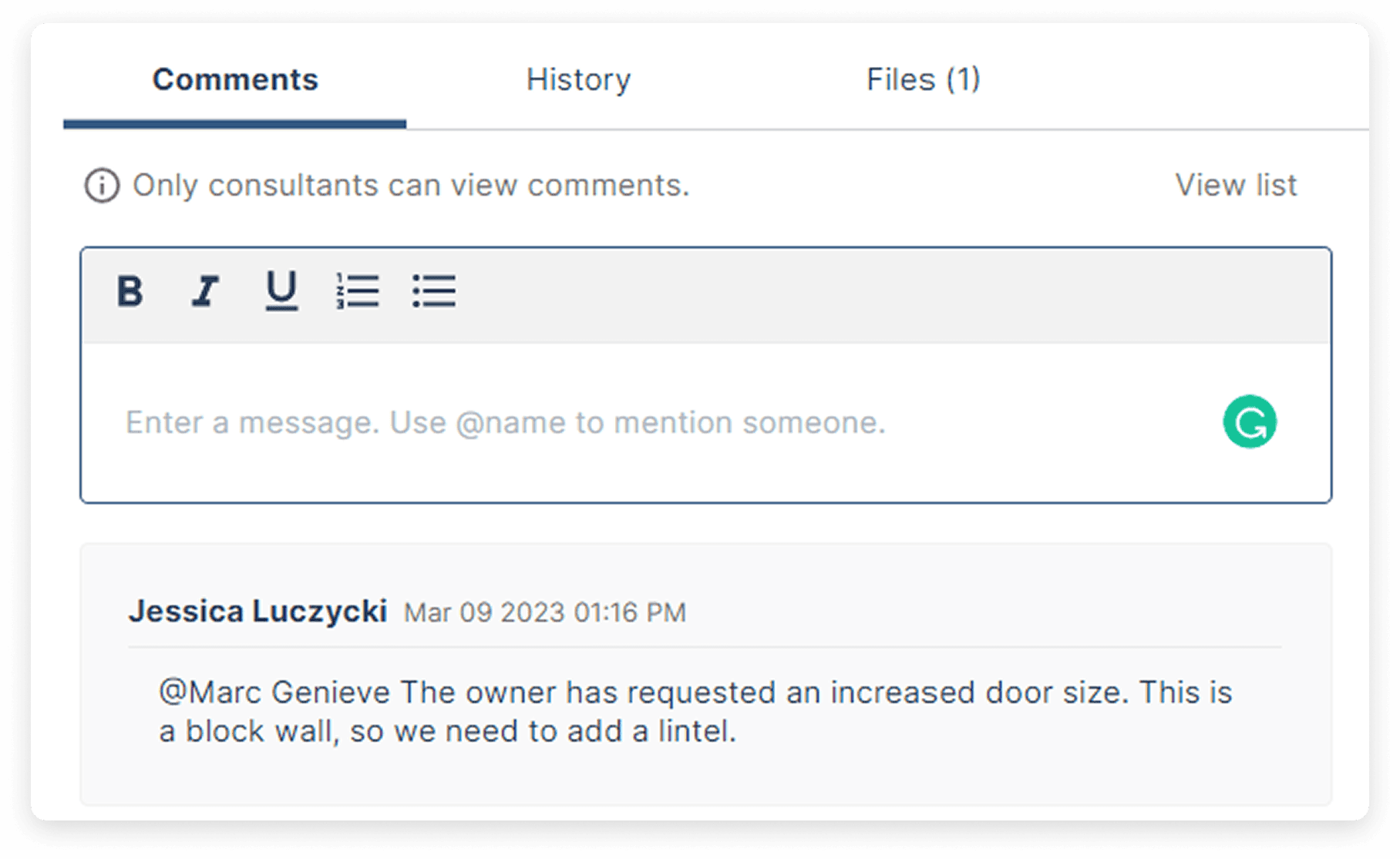 Collaborate on change orders through comments and consultant tagging directly in the document view