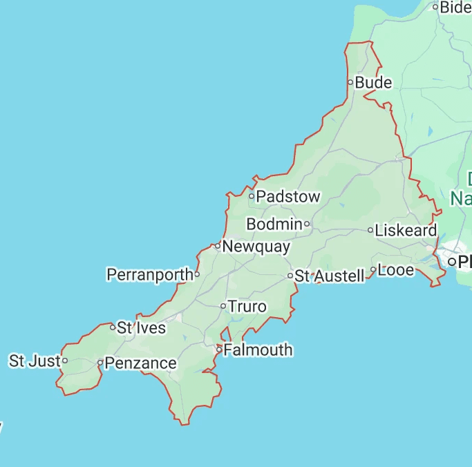 Map of Cornwall towns: Bude, Padstow, Bodmin, Newquay, Truro, Falmouth, Looe, Liskeard, St Austell, St Ives, St Just, Penzance