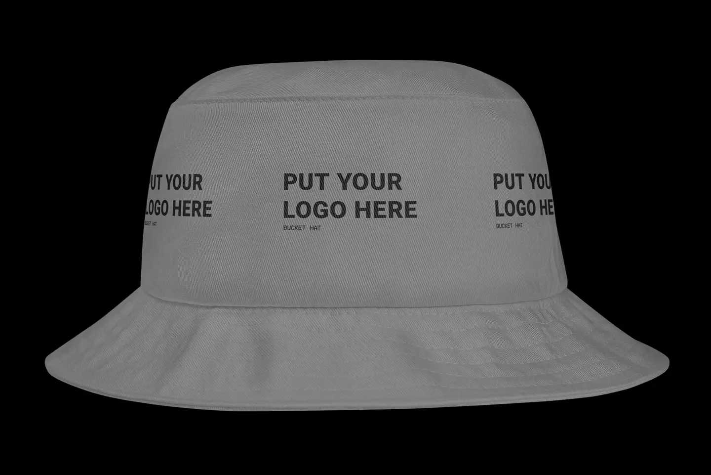 Grey bucket hat mockup showing repeated black logo placement for professional streetwear branding presentations