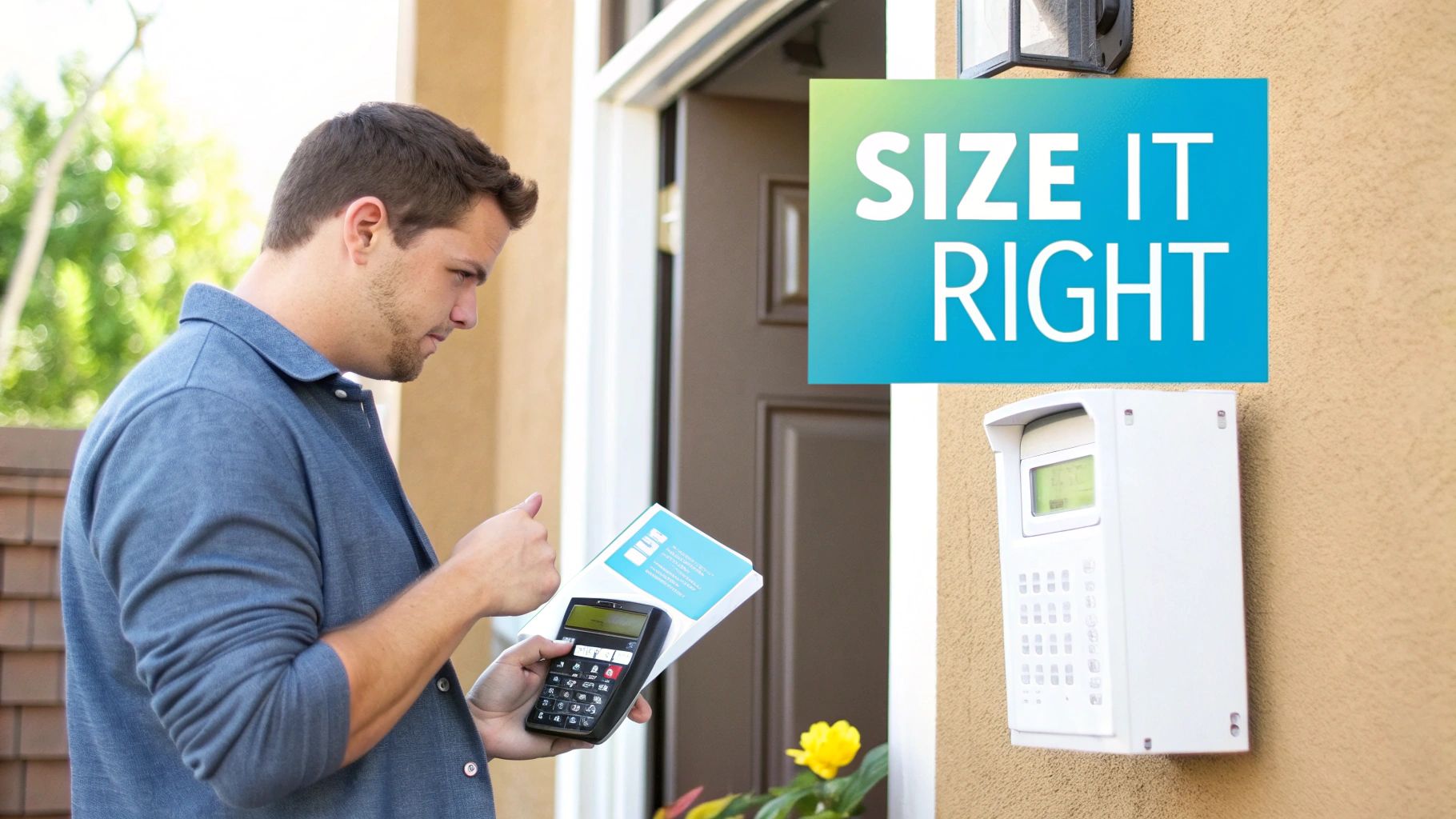 A man uses a calculator and booklet next to an outdoor electrical panel, with "SIZE IT RIGHT" text.