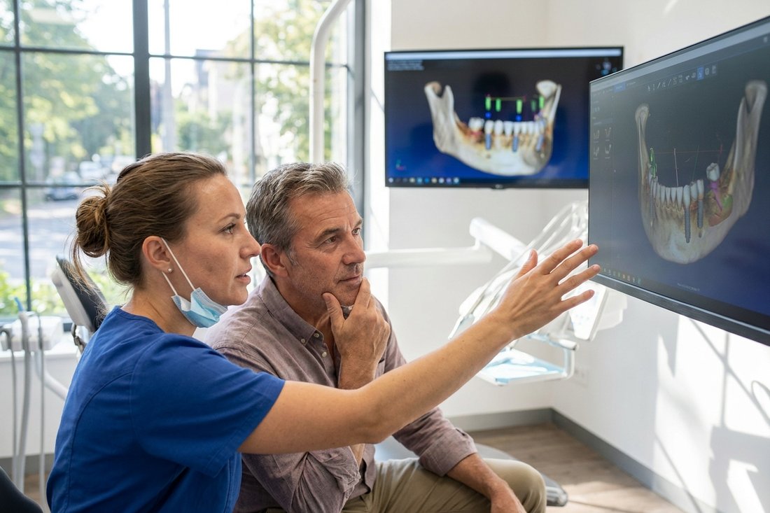 Dentist and patient reviewing a 3D jaw scan for implant planning on a monitor
