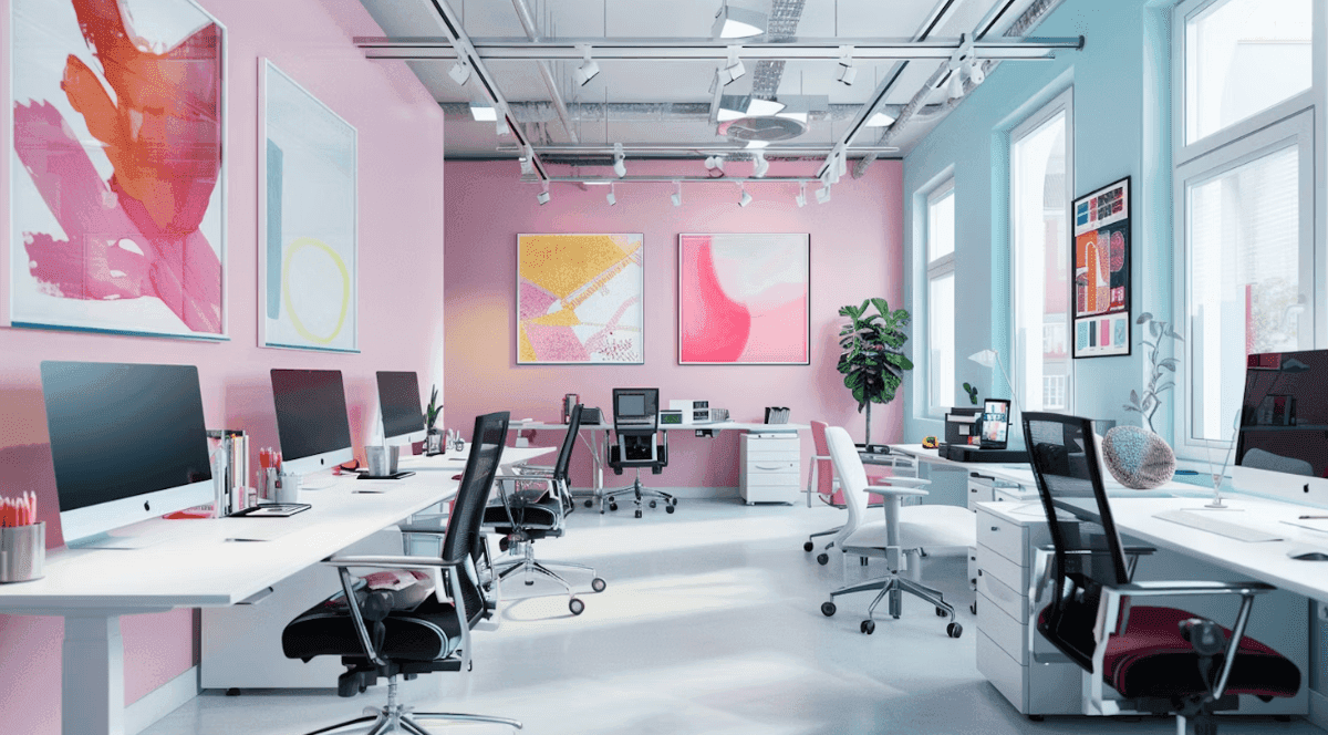 Colorful creative workspace with a desktop computer surrounded by vibrant retro-style posters and artwork on the wall