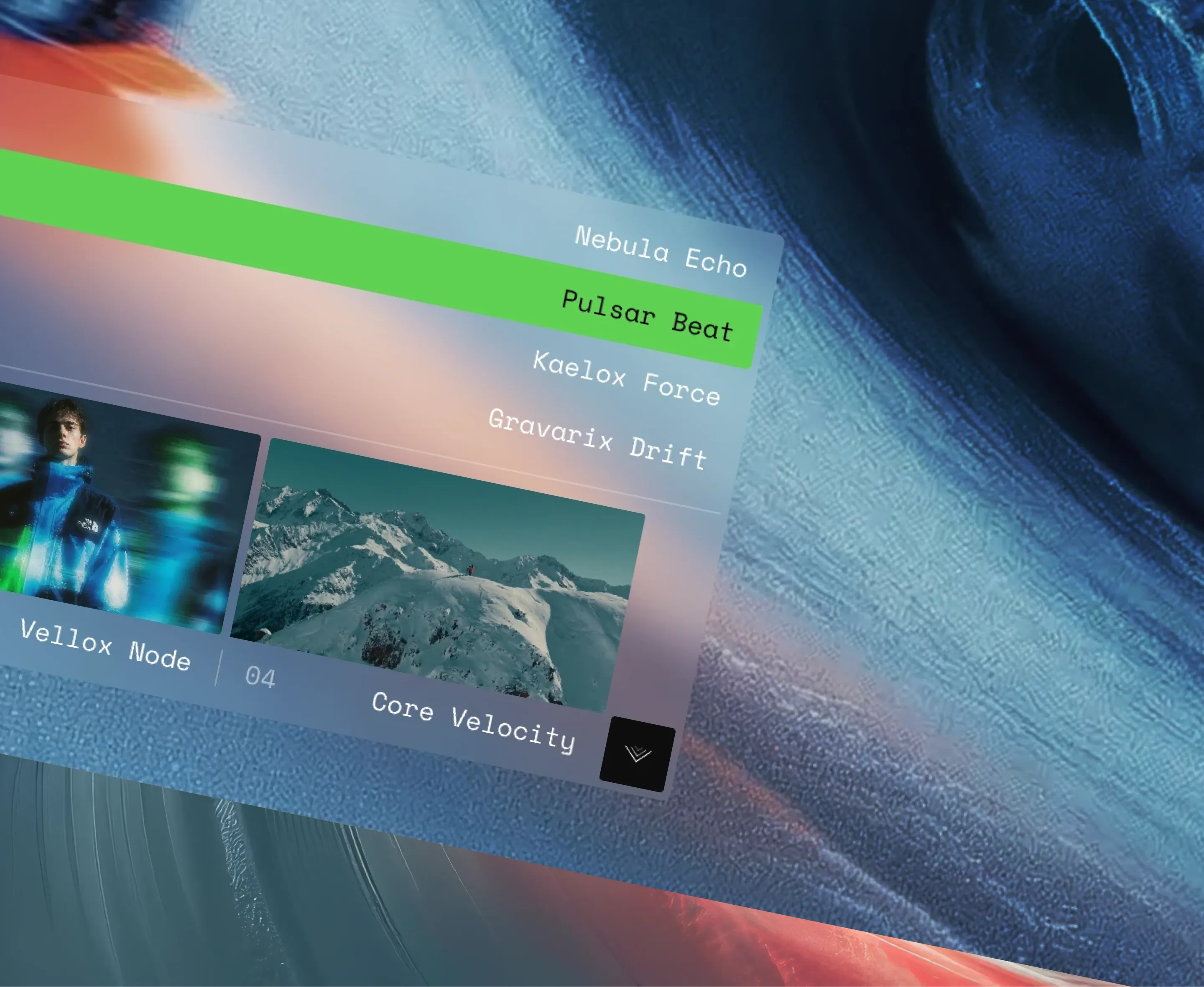 Close-up UI for Pulse Slider component, showing a frosted glass navigation menu with interactive project labels and image thumbnails.