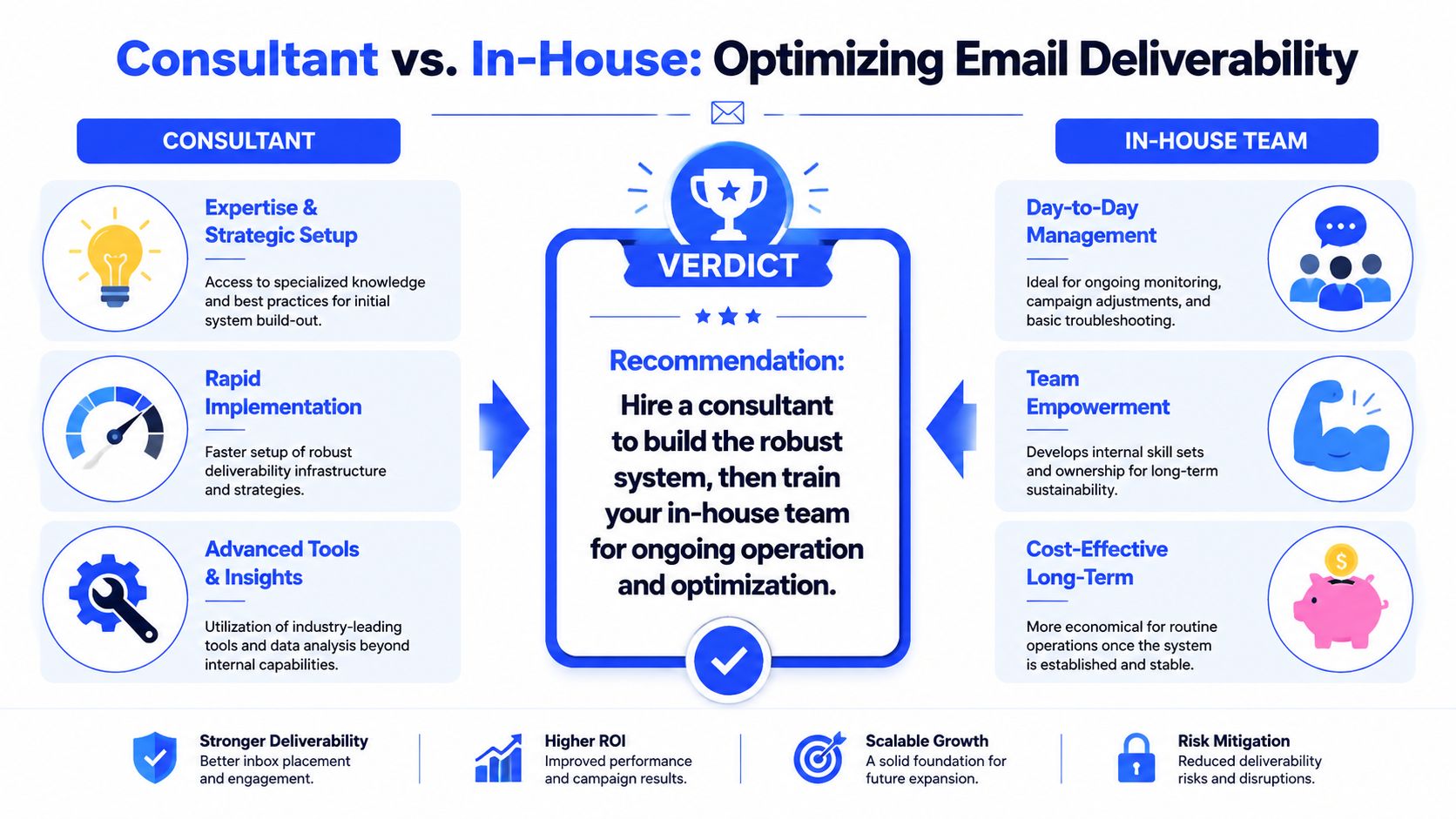 A comparison infographic between hiring an email deliverability consultant versus managing the task with an in-house team.