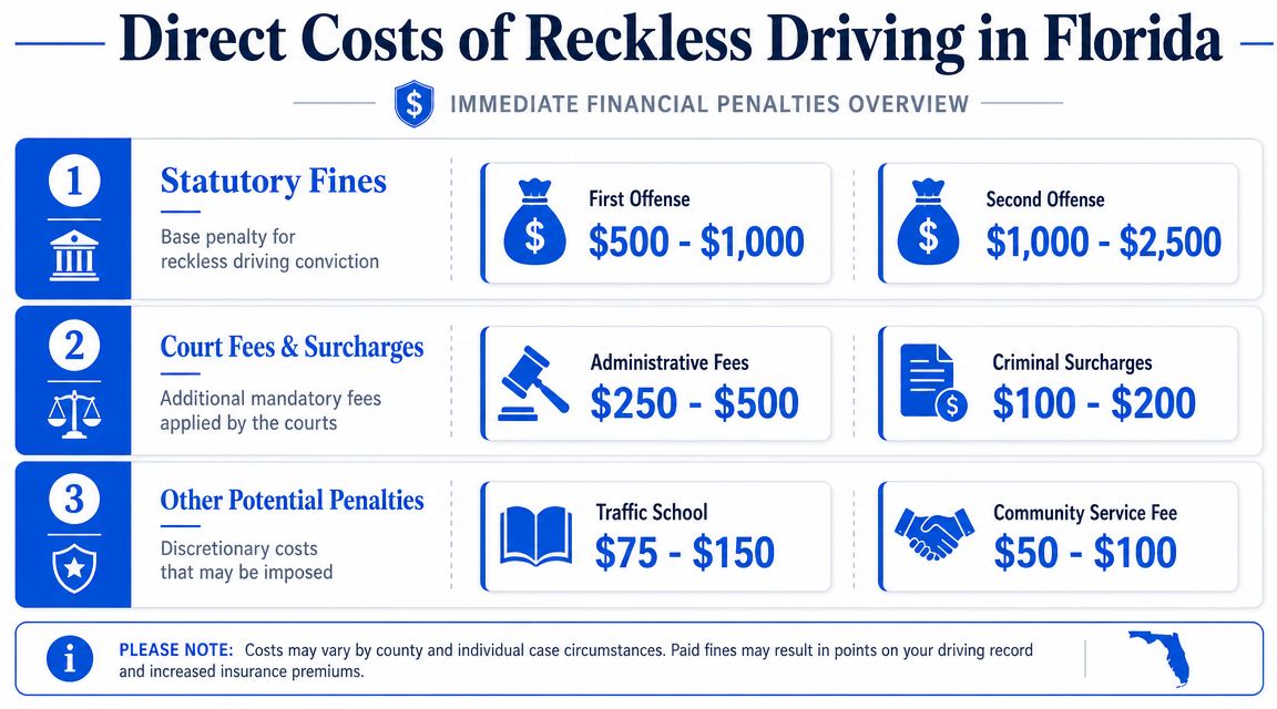 An infographic showing the direct financial costs and potential penalties for a reckless driving conviction in Florida.