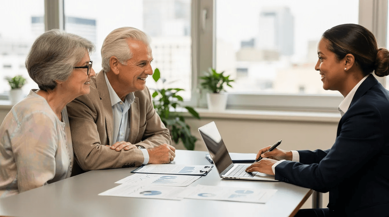 An older couple is seated in a bright office, discussing financial planning with an advisor while reviewing various papers. They appear engaged as they explore options for multiple savings accounts to meet their specific savings goals, including an emergency fund and long-term financial objectives.
