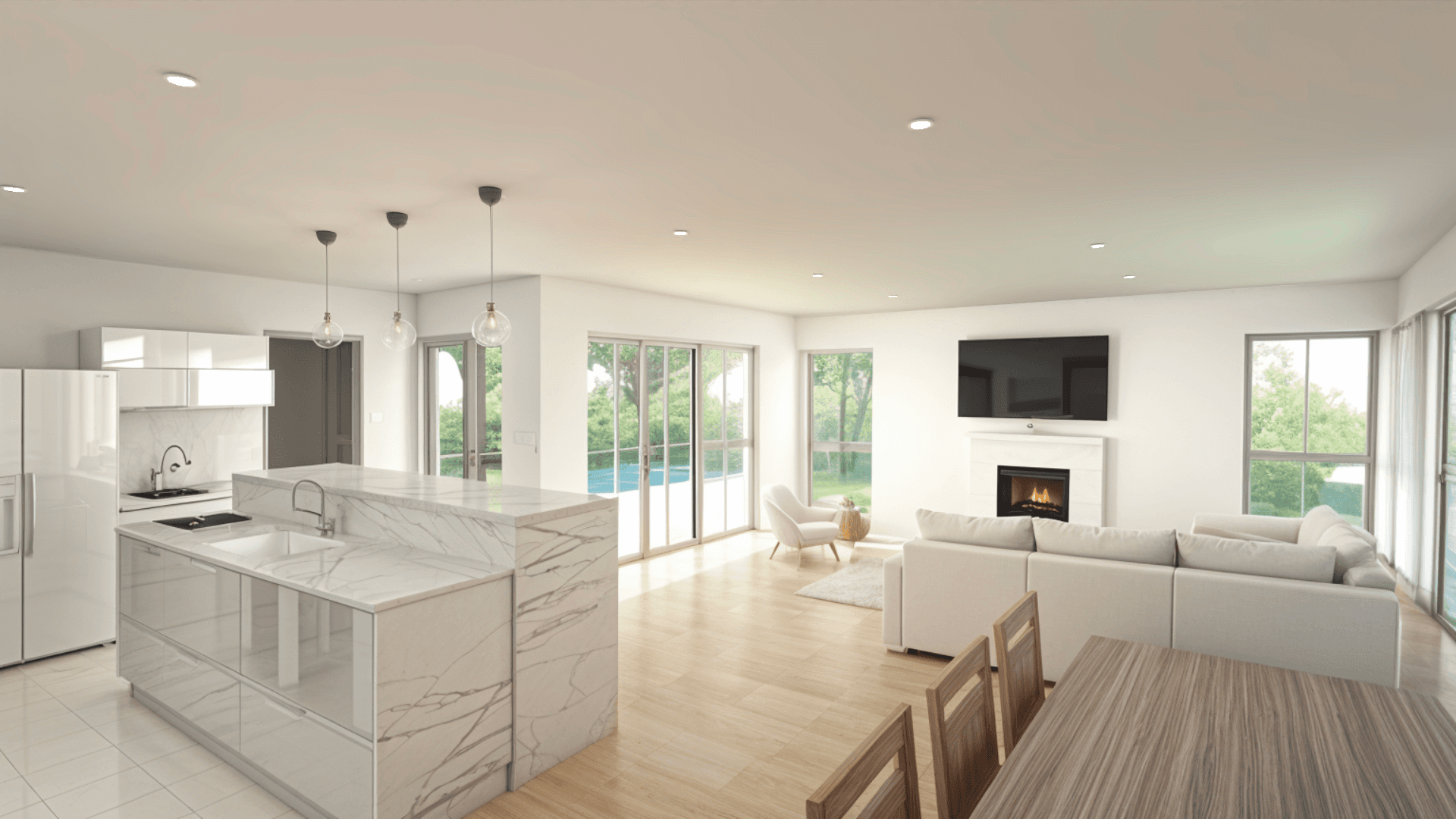 Bright and modern living room with a fireplace, large windows, and a seamless connection to the open kitchen and dining area.