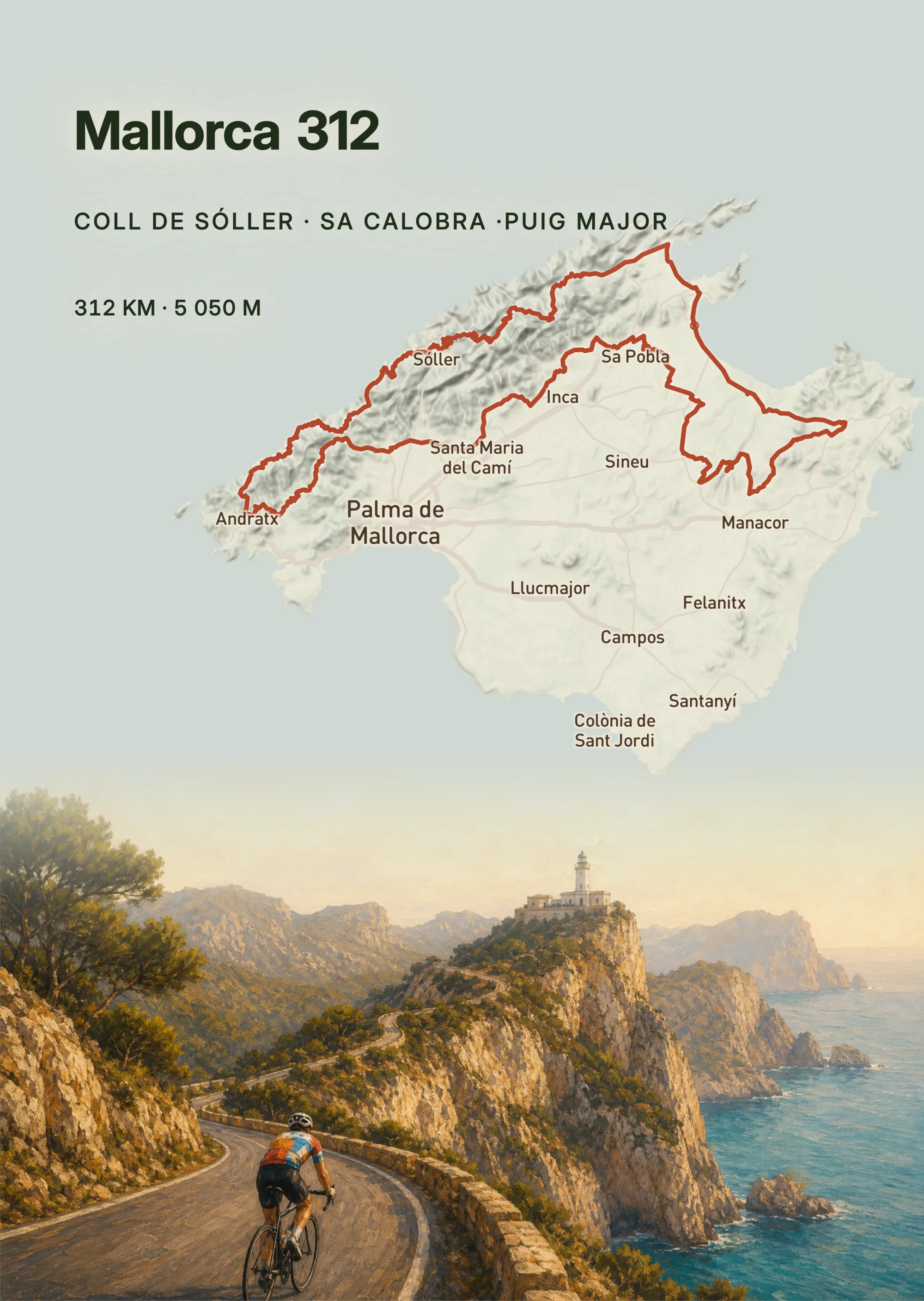 Deine 312 km rund um Mallorca — jeder Pass der Serra de Tramuntana, Sa Calobra bis Puig Major, im Mittelmeerlicht des Cap de Formentor.
