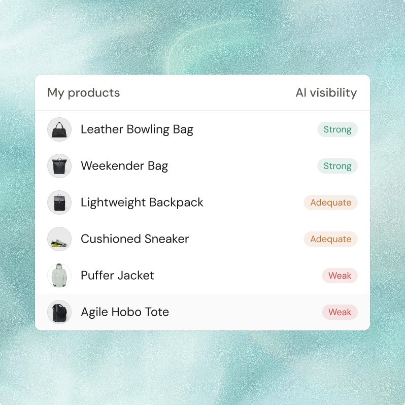 AI visibility by product, showing strong visibility for Leather Bowling Bag and Weekender Bag, adequate visibility for Lightweight Backpack and Cushioned Sneaker, and weak visibility for Puffer Jacket and Agile Hobo Tote.