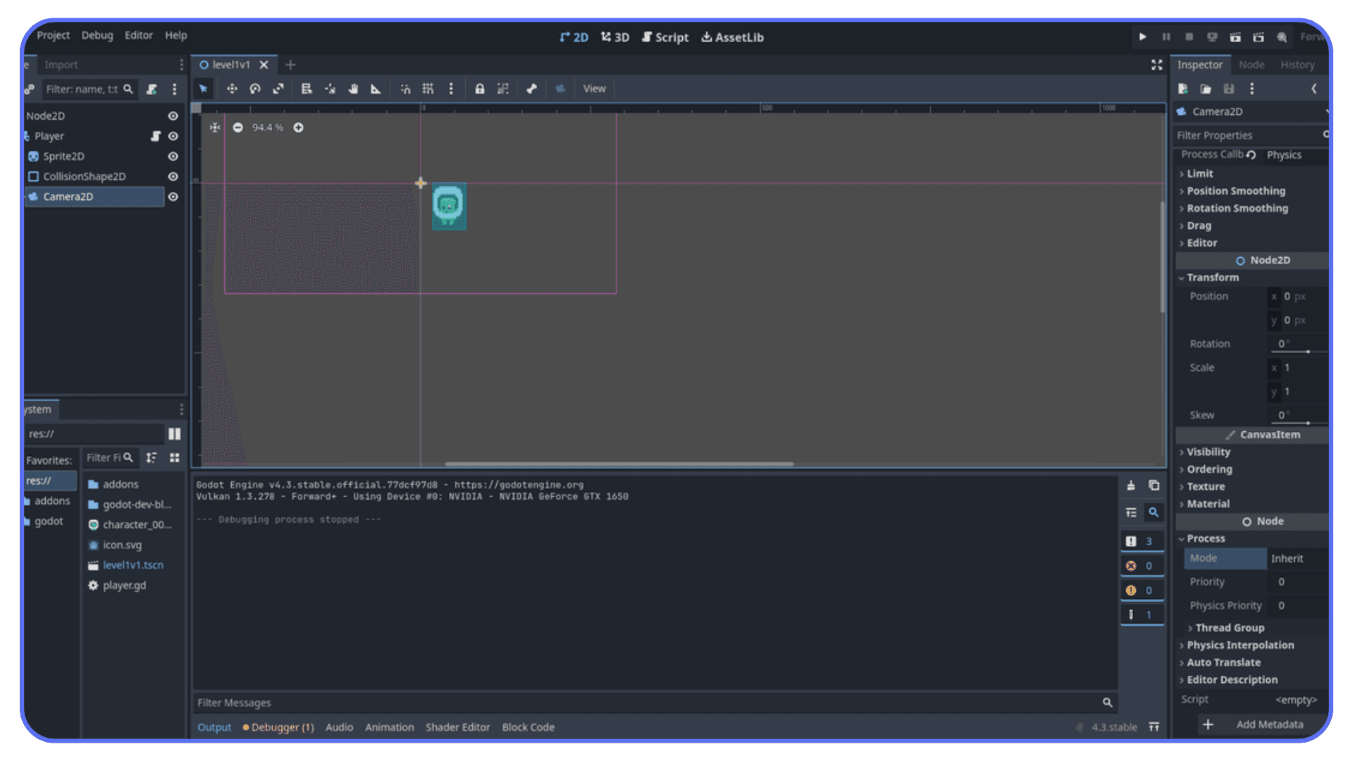 Godot editor screenshot with a 2D level and Camera2D node configured for smooth following and scene framing.