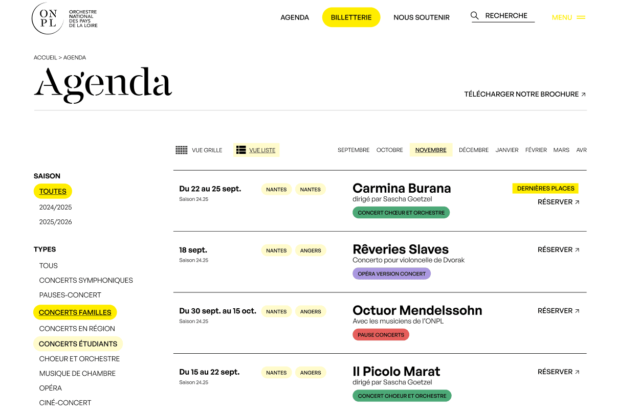 Une interface d'agenda montrant diverses dates de concerts, présente sur le nouveau site internet de l'Orchestre National des Pays de la Loire.