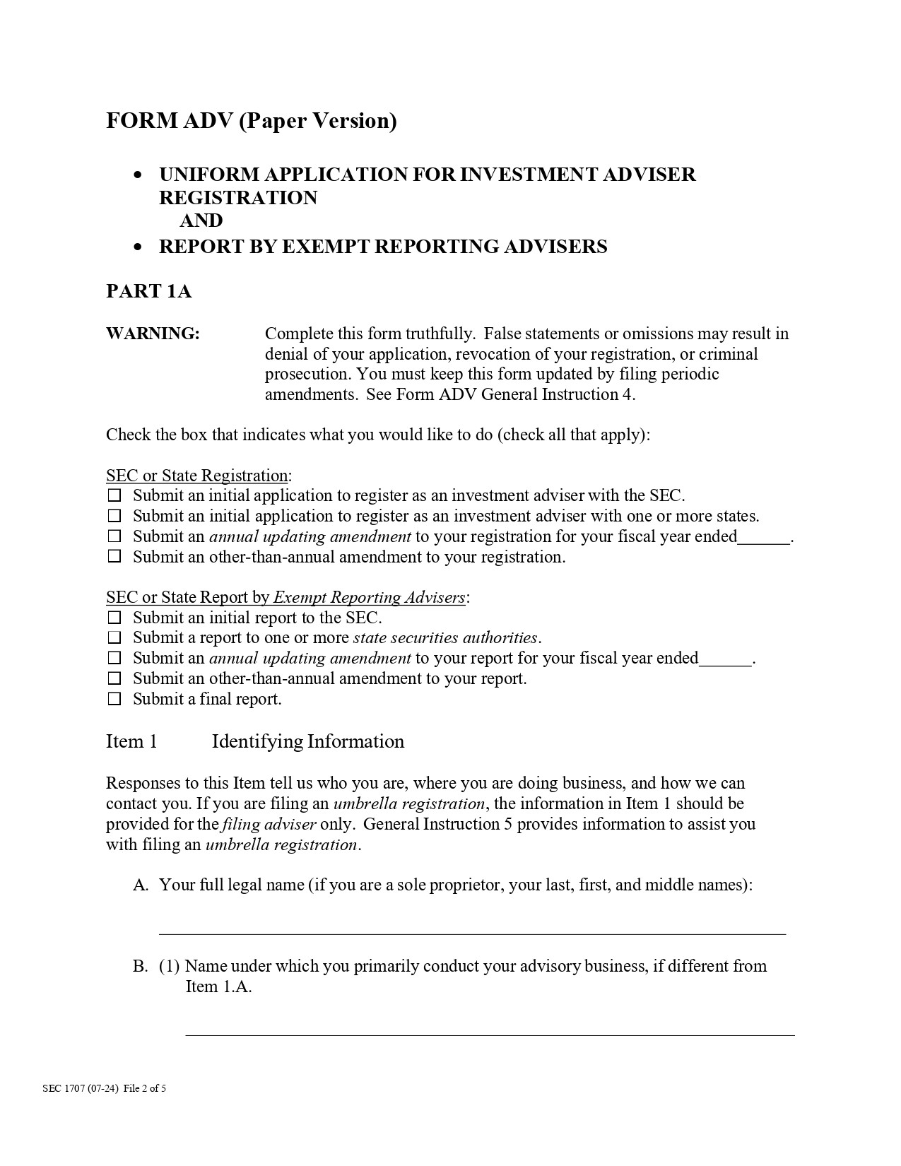 Form ADV for RIAs