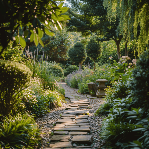 Stone pathway meandering through a lush garden with a variety of plants, including lavender, shrubs, and trees, with a bench nestled among the greenery, inviting a tranquil garden experience.