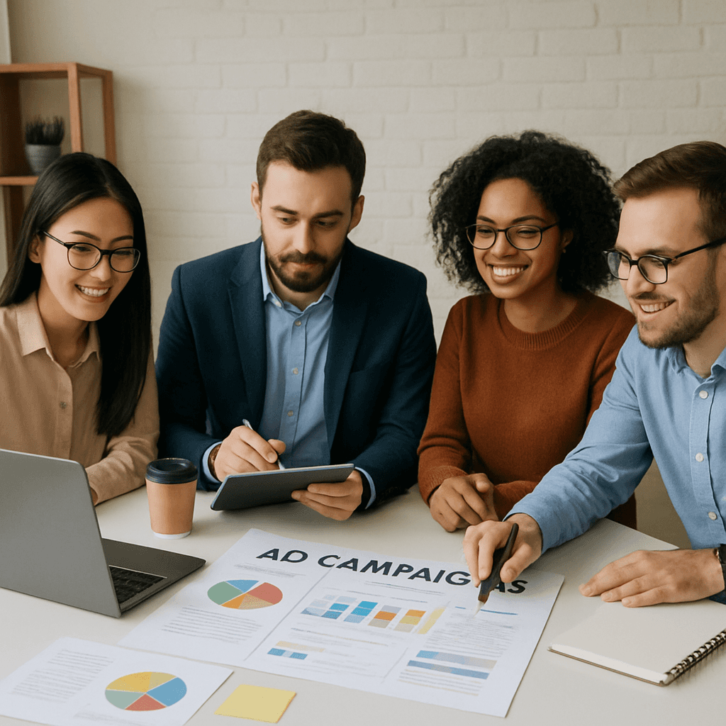 Professional digital marketing team planning ad campaigns