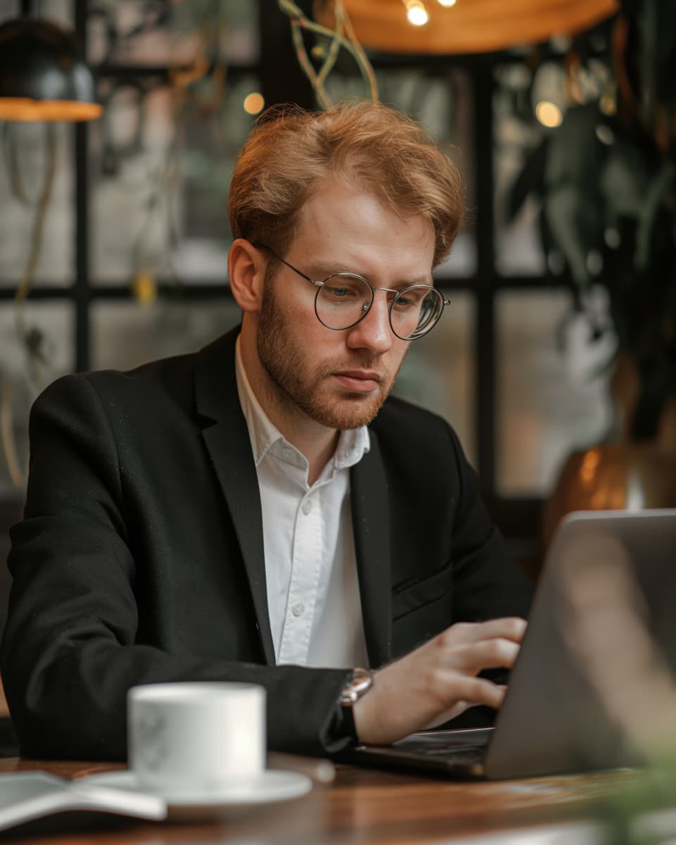 ein bild von einem mann an einem tisch, er arbeitet an seinem laptop