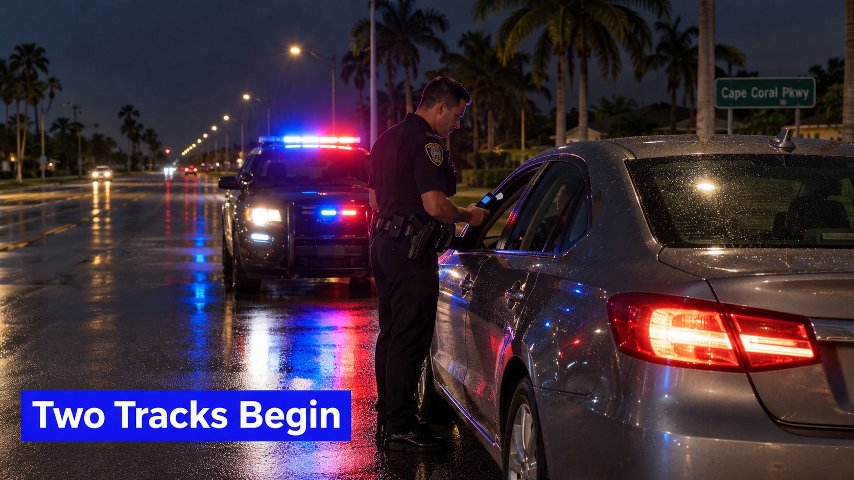 A police officer conducting a traffic stop with a driver on a rainy street at night.