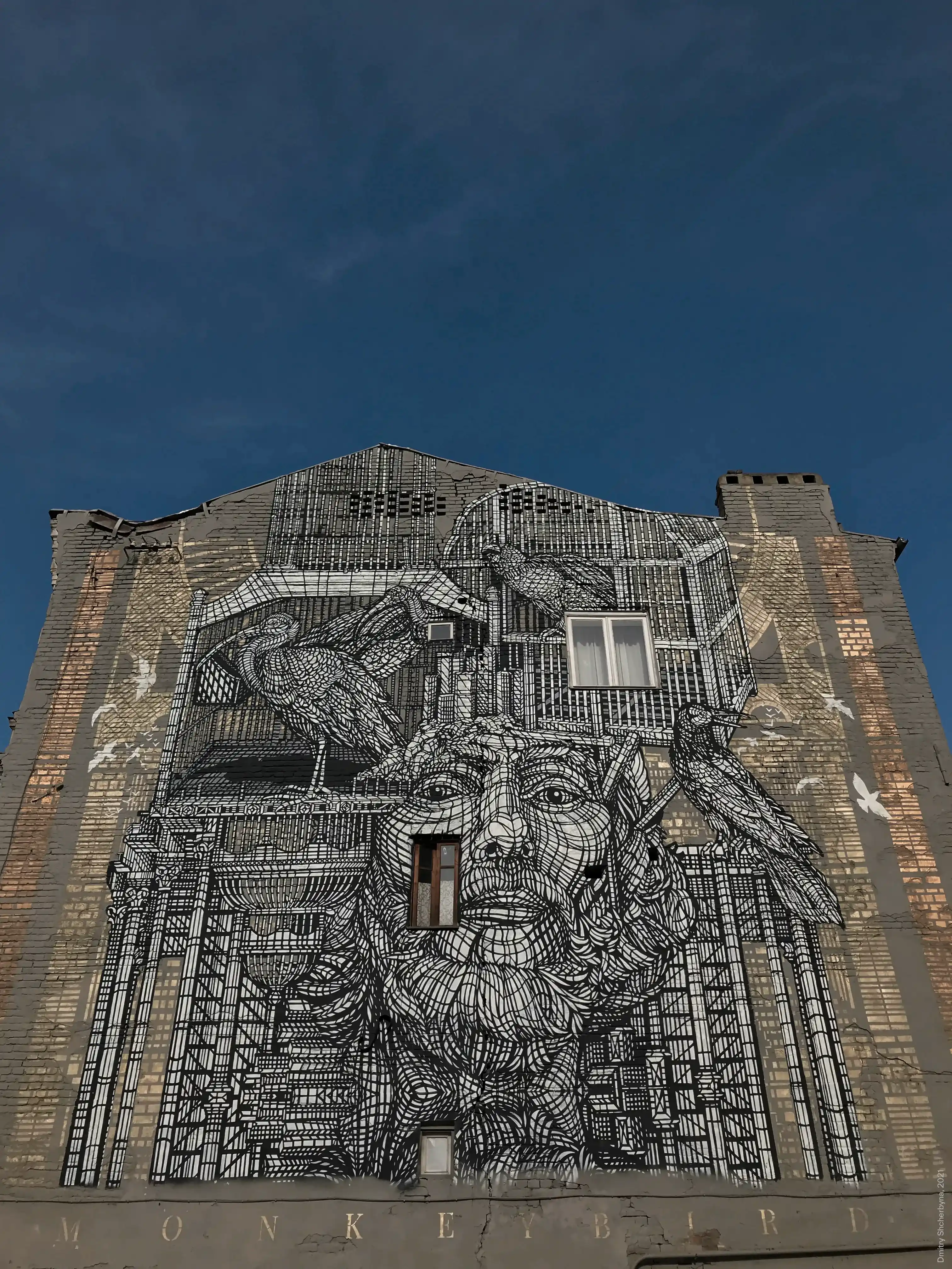 A full-building mural, in dense black-and-white linework, shows the face of a bearded old man. Birds perch on his forehead and head, and the entire composition is built from intricate geometric and organic patterns that blend the figure into an architectural framework of lines and grids.