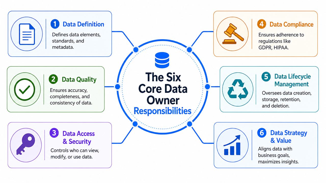 An infographic showing the six core responsibilities of a data owner, including data definition, quality, and strategy.
