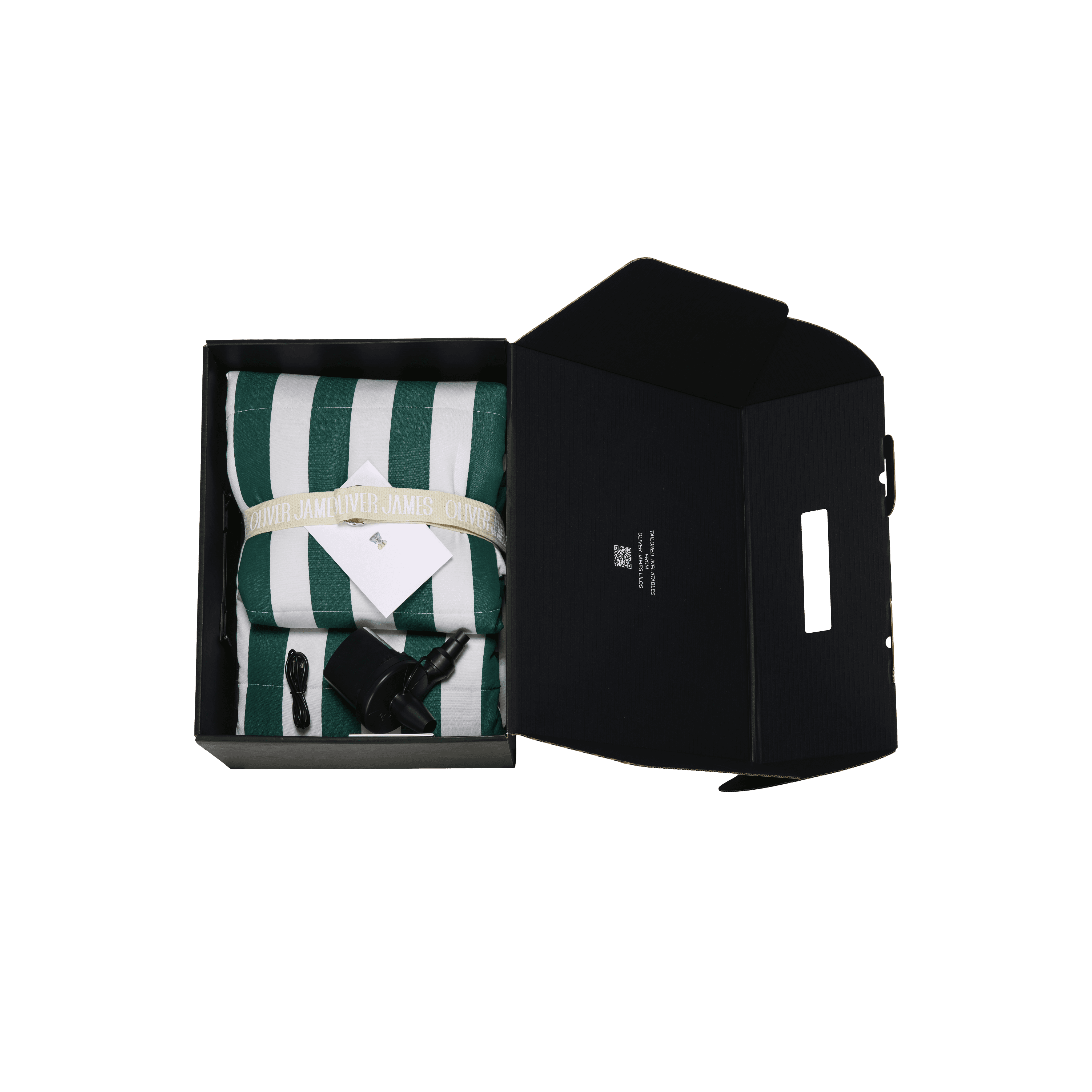 Green-and-white striped lilo folded in its structured black travel case with branded label and securing straps