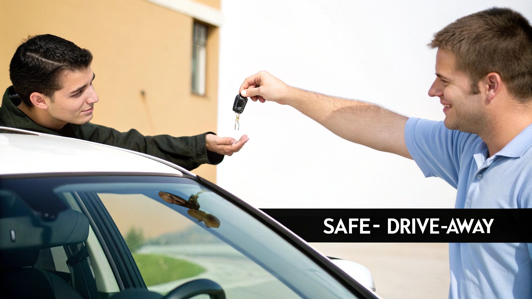 Car dealer handing keys to customer after completing safe vehicle purchase transaction