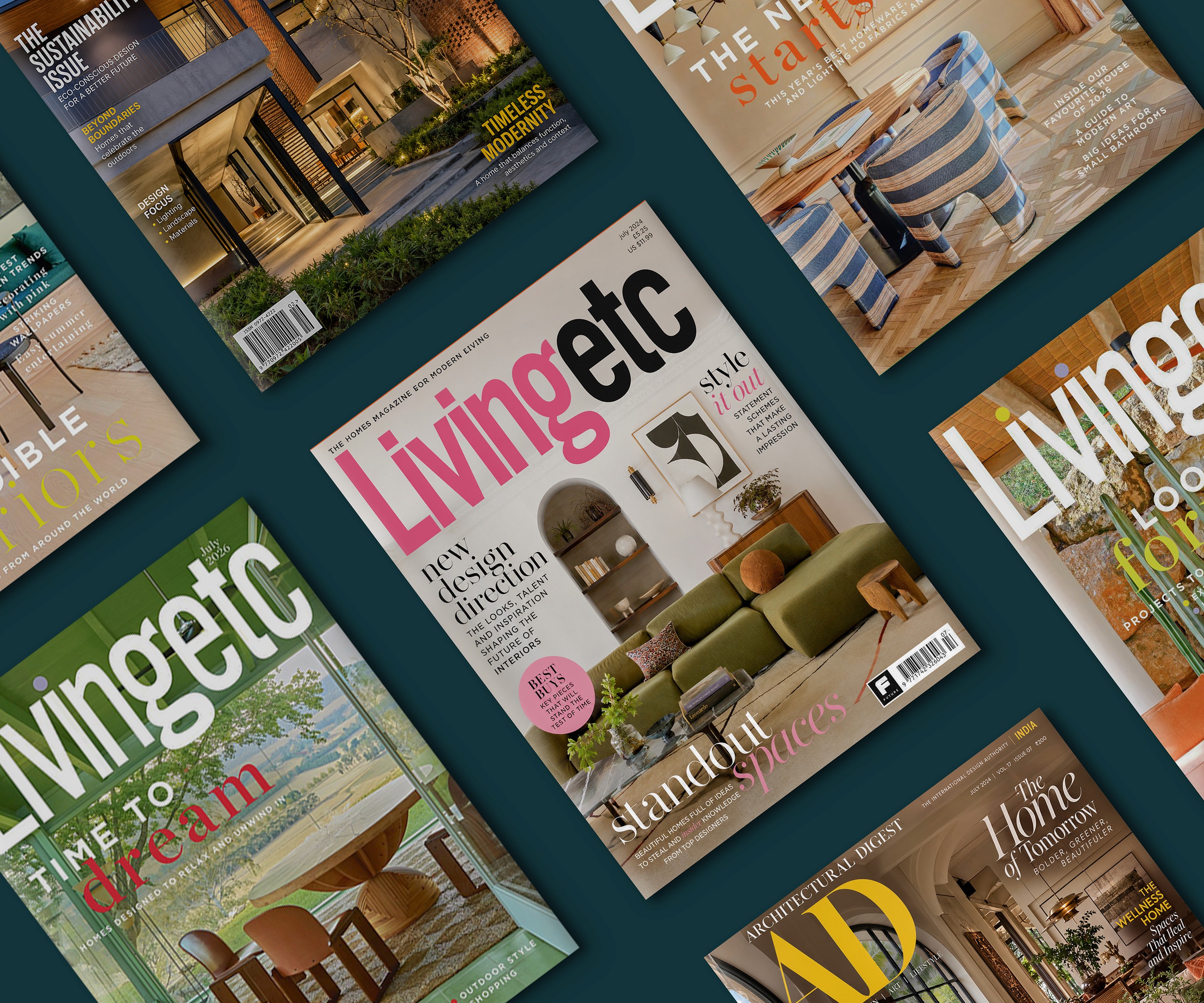 Angled Livingetc magazine-cover mockups featuring interior design and home decor.