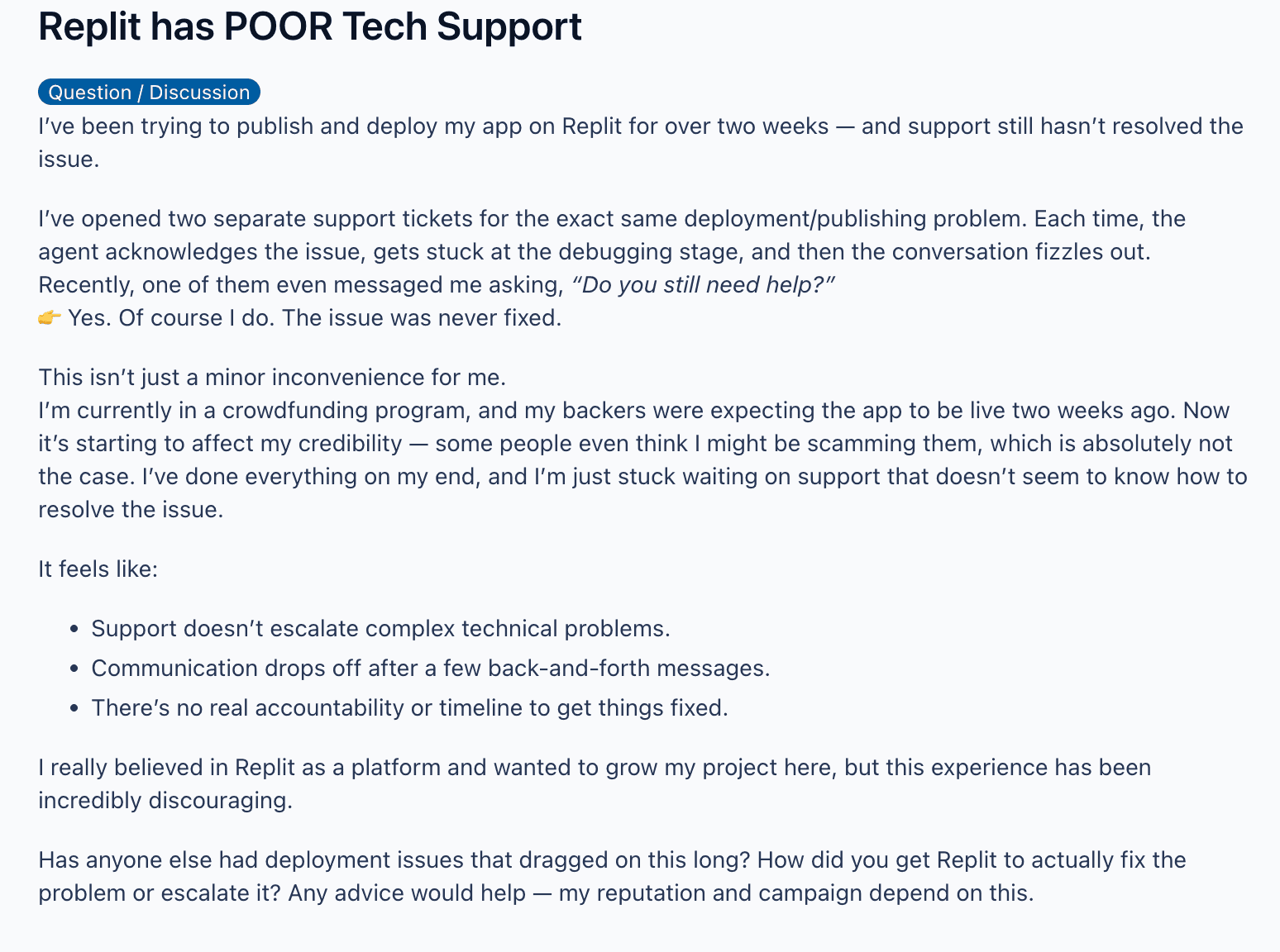 Replit Challenges Customer Support & Feature Changes