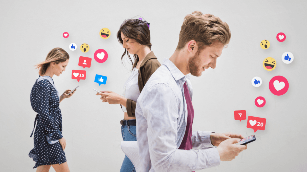 Medium shot people addicted to social media