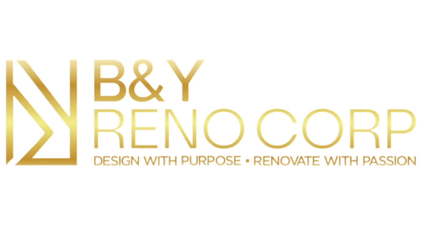 Logo of B&Y Reno Corp featuring a gold monogram design and text on a dark background, with the tagline 'Design with Purpose · Renovate with Passion' in gold lettering