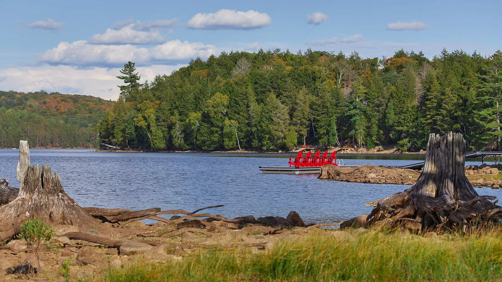 Red muskoka chairs at the end of a long dock.