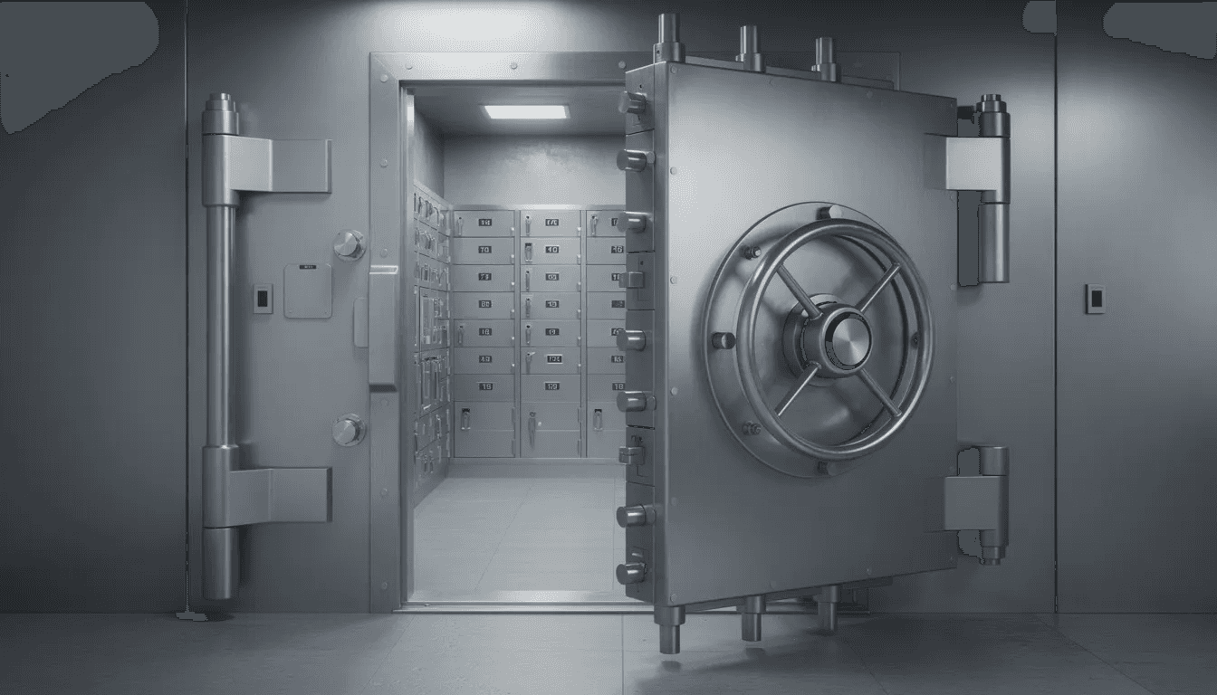 The image features a secure vault door, which is slightly ajar, revealing rows of safety deposit boxes inside. This setting symbolizes strong asset protection, emphasizing the importance of safeguarding personal and business assets from creditor claims and potential lawsuits.