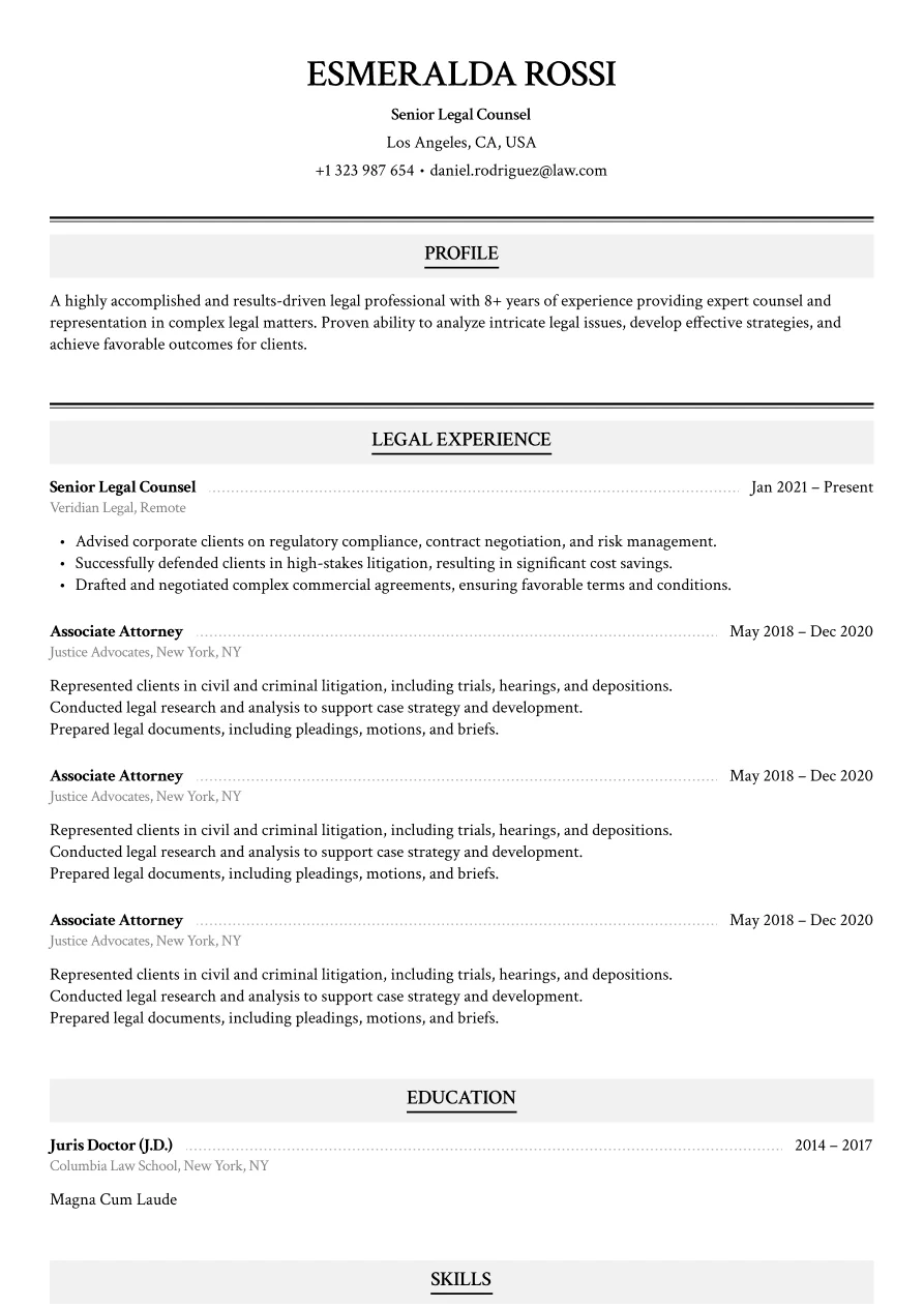 Elegant serif resume for legal professionals with focus on experience and education.