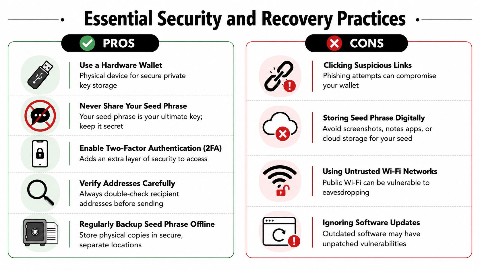 An infographic showing pros and cons for cryptocurrency wallet security and essential recovery practices.