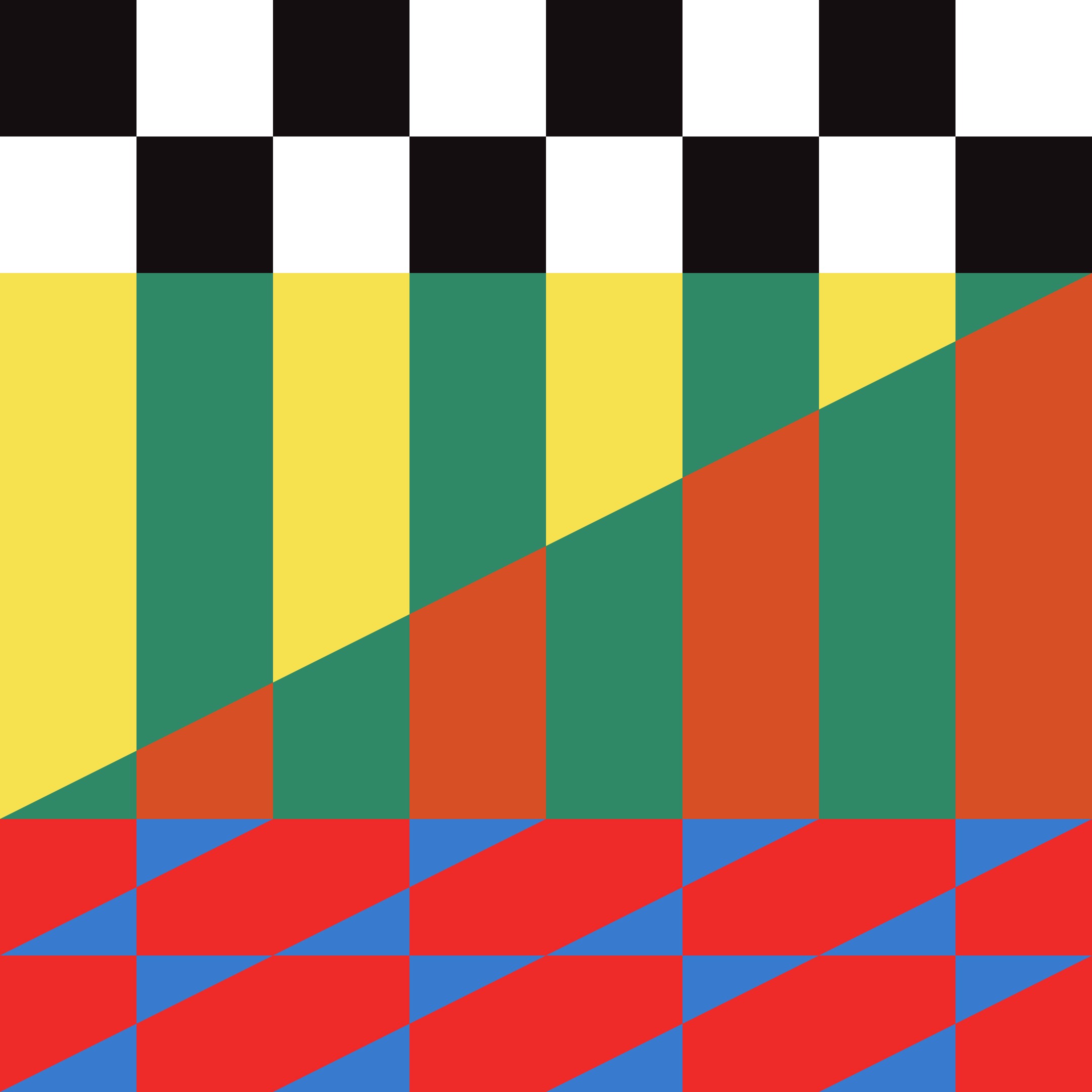 A pattern with black and white squares on top, followed by vertical yellow, green, and red stripes, intersected by diagonal lines, and a red and blue checkered pattern at the bottom.