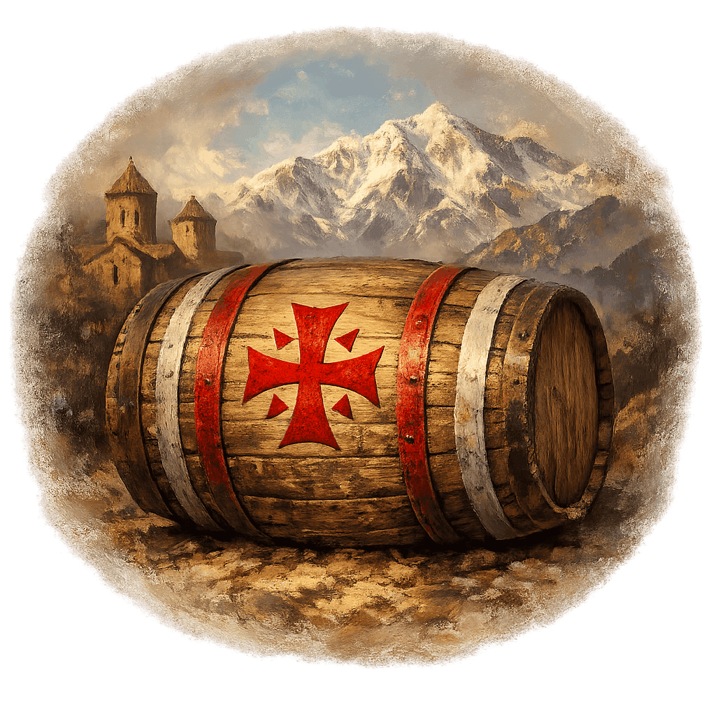 Wine barrel featuring the Georgia national emblem for regional wine education.