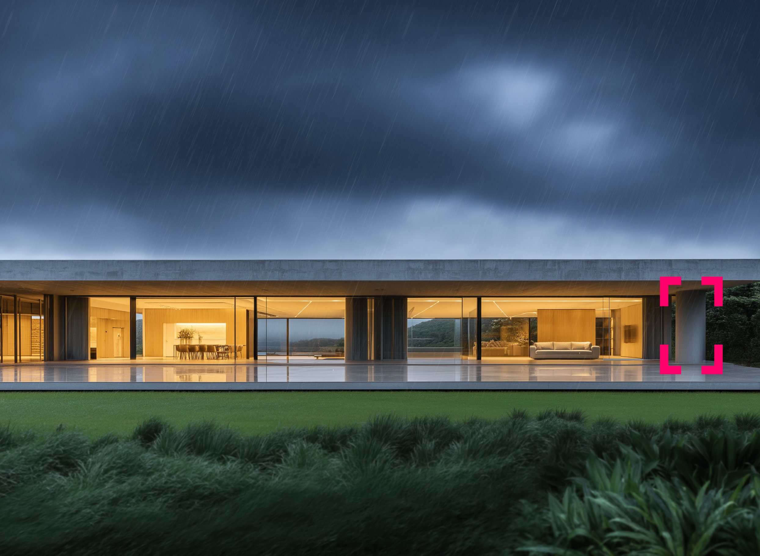 fachada de uma casa moderna vista do jardim em um dia de chuva, mostrando o sistema de captação de água da chuva integrado 