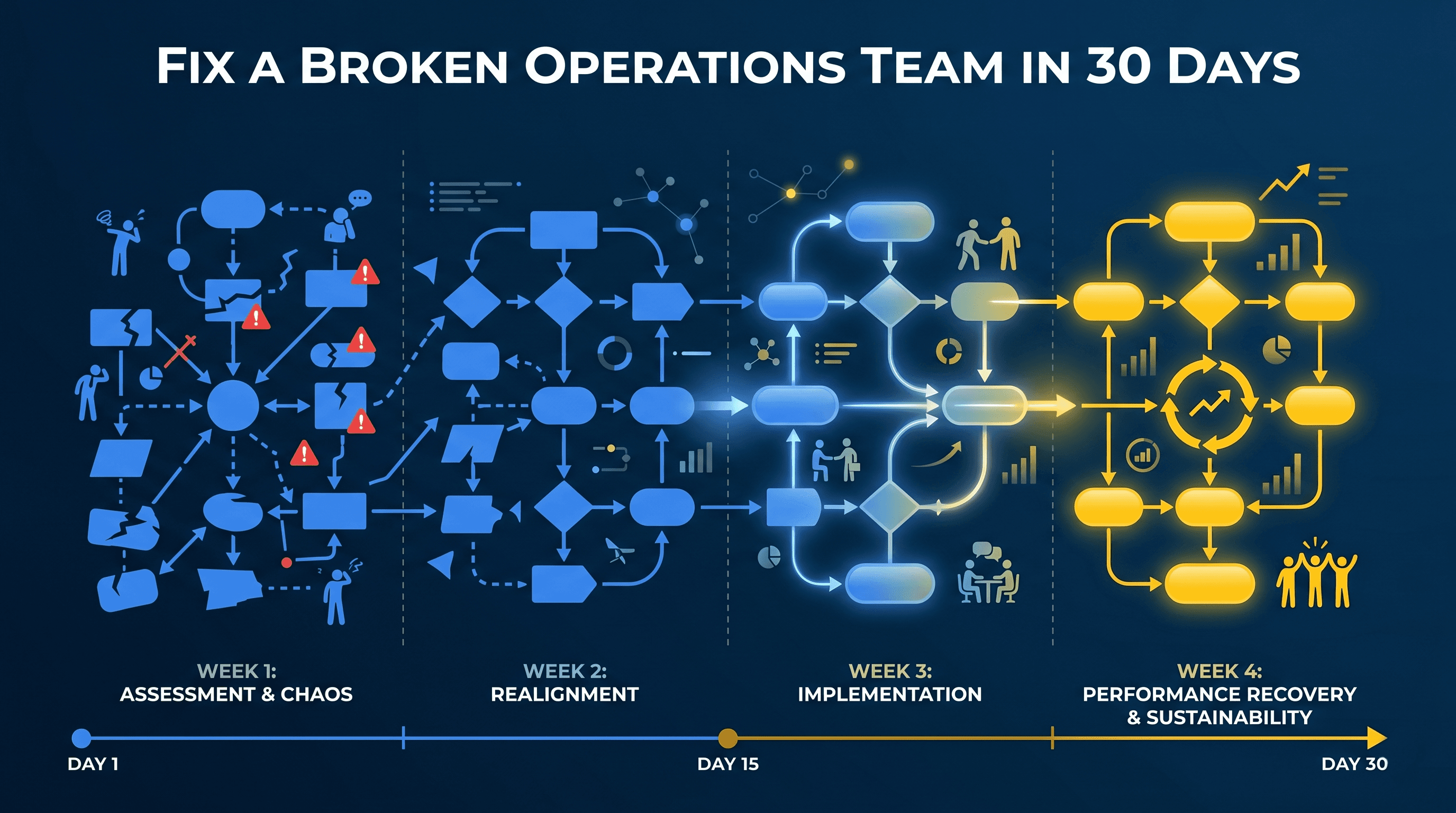 Fix a Broken Operations Team in 30 Days - operations team turnaround playbook visualization with strategic blue and Michigan maize branding
