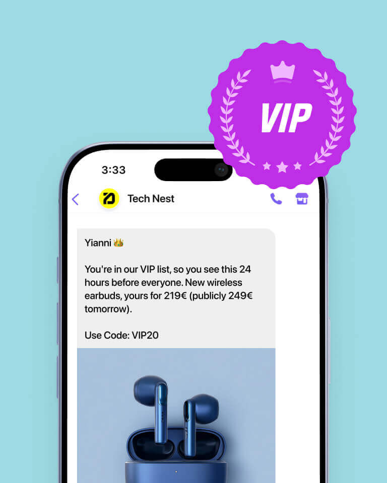 Viber messaging campaign showcasing a personalized message, targeting VIP customers, from an electronics and technology e-commerce store.