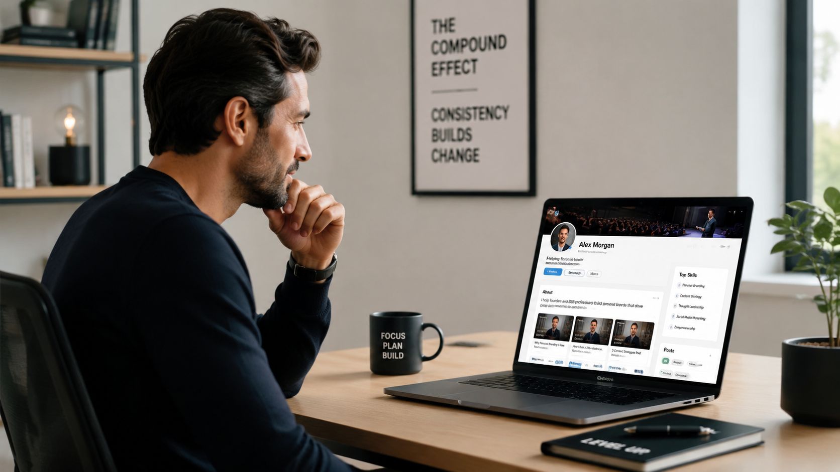 A professional man sits at a desk looking at his LinkedIn profile on a laptop computer.