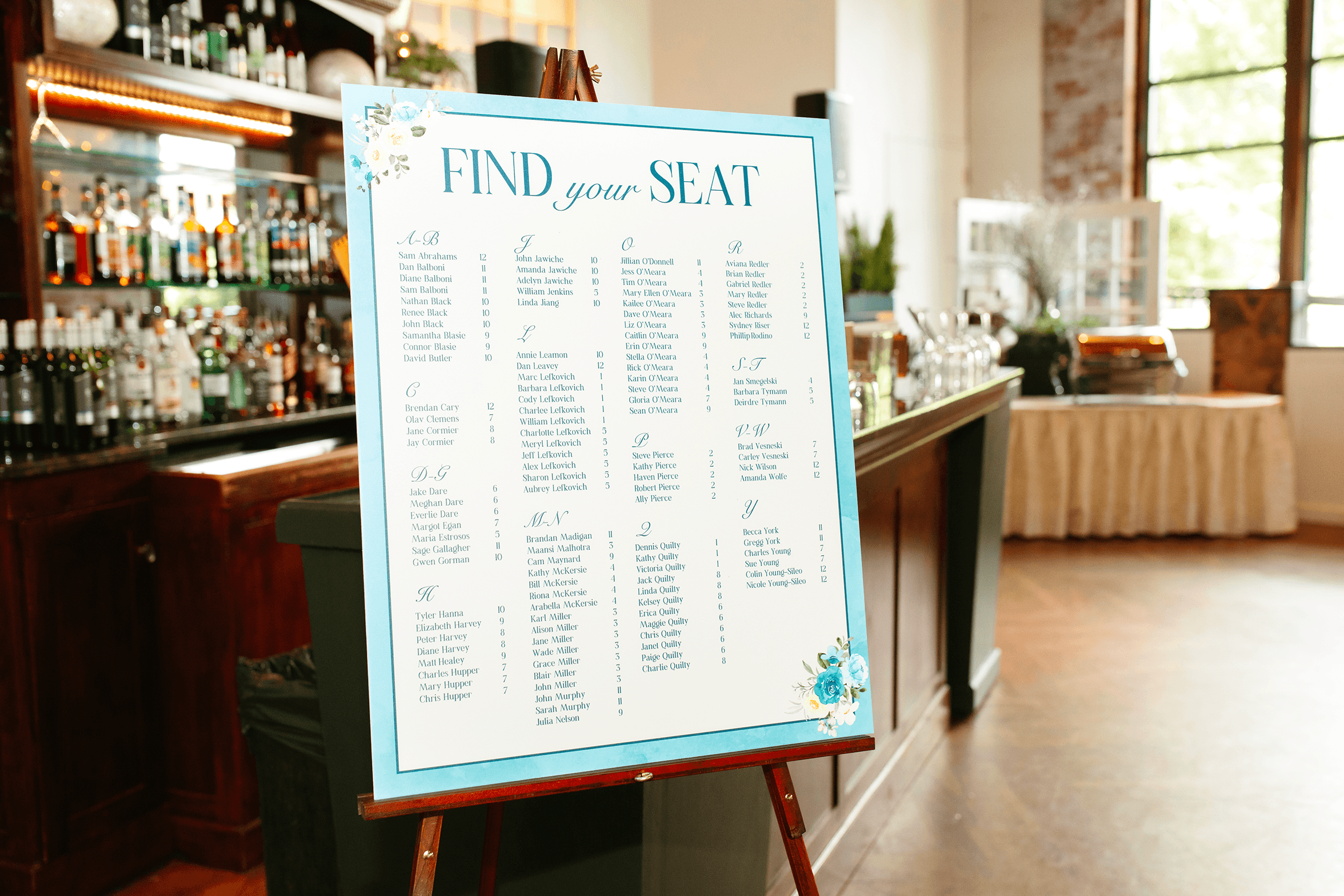 Photo of a wedding seating chart desgined in an elegat style with painted roses and elegant typography. Designed by Will Lefkovich